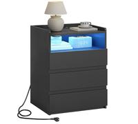 AOGLLATI Table de Chevet avec 2 Rubans LED et Multiprise,3 Tiroirs et 1 Compartiment Ouvert, pour Salon et Chambre, Table de Nuit Noire