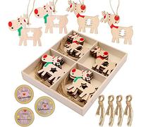 Aohcae Lot de 24 pendentifs décoratifs en bois d'élan avec 24 autocollants joyeux Noël - Petit pendentif de Noël - Décoration en bois (a)