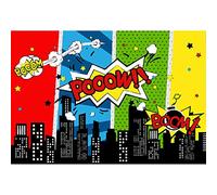 Aoihrraan 1,5x1m Dessin animé Super Ville Toile de Fond Superhéros Paysage Urbain Ligne d'horizon Moderne Ville Nuit Vue Photographie Fond Enfants Garçons Anniversaire Fête Gâteau Table Photo Props