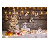 Aoihrraan 1,5x1m Noël Toile De Fond Paillettes Étoiles Dorées Boules Noël Arbre en Bois Bonhomme Neige Patins Traîneau Plancher Neige Brun Bois Mur Photographie Filles Enfants Adulte Portrait Photo