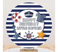 Aoihrraan 100cm Joyeux Anniversaire Rond Fond Petit Capitaine Nautique Garçon Rayures Bleu Marine Chemise Marin Chapeau Étoile Mer Voyage Rudder Photographie Fond Baby Shower Fête D’Anniversaire Photo