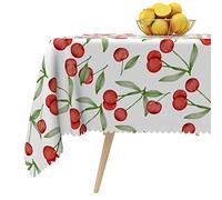 Aoihrraan 138x138cm Rouge Cerises Vert Feuille Blanc Nappes Carrées Imperméable Résistant Aux Taches et Défendre Ride Nappe pour Patio Pique Nique Faire la Fête À Manger Cuisine Café Maison Décoration