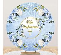 Aoihrraan 150cm Diamètre Ma Confirmation Ronde Fond pour Photographie Fleurs Blanches Bleues Floral Blanc Toile De Fond Première Sainte Communion Baptême De Dieu Fête Enfants Portrait Studio Photo