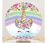 Aoihrraan 180cm Diamètre Licorne Fête Rond Photographie Toile de Fond Arc-en-Ciel Aquarelle Floral Or Paillettes Photographie Fond pour Fille Princesse Anniversaire Fête Table Bannière Photo Props
