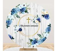 Aoihrraan 180cm Diamètre Ma Première Communion Ronde Fond pour Photographie Mur De Bois Blanc Bleu Fleurs Blanches Toile De Fond Première Sainte Communion Baptême De Dieu Fête Enfants Portrait Photo