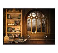 Aoihrraan 2,2x1,5m Étagère Vintage Toile de Fond Bibliothèque Bibliothèque Livres Bougies Arche Fenêtre Lune Nuit Intérieur Photographie Fond Mariage Baby Shower Enfants Adultes Portrait Photo Props