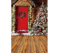 Aoihrraan 2,5x3m Noël Grange Photographie Toile de Fond Bois Plancher Rouge Porte Couronne Xmas Arbre Hiver Neige Fond Nouvelle Année Famille Fête Vacances Festival Célébrer Portrait Photo Props