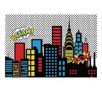 Aoihrraan 2,7x1,8m Super Ville Super-héros Toile de Fond Ville Boom Skyline Cartoon Paysage Urbain Nuit Vue Photographie Fond Enfants Garçons Anniversaire Fête Gâteau Table Portrait Photo Props