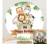 Aoihrraan 200cm Diamètre Joyeux Anniversaire Tour Fond pour Photographie Mignon Jungle Animaux Safaris Verdure Auto Toile De Fond 1Er 2Ème Bébé Anniversaire Nouveau-Né Fête Enfant Portrait Photo