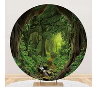 Aoihrraan 200cm diamètre Printemps enchanté forêt Rond Photographie Toile de Fond Tropical forêt Tropicale Vert Jungle Vieux Arbres Photographie Fond Sauvage Thème Fête Table Bannière Photo Prop
