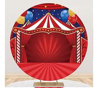 Aoihrraan 220cm Diamètre Cirque Thème Rond Photographie Toile de Fond Rouge Rayures Tente Ballons Parc d'attractions Fond Enfants Anniversaire Fête Gâteau Table Décor Bébé Shower Photo Props