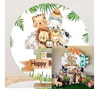 Aoihrraan 220cm Diamètre Joyeux Anniversaire Tour Fond pour Photographie Mignon Jungle Animaux Safaris Verdure Auto Toile De Fond 1Er 2Ème Bébé Anniversaire Nouveau-Né Fête Enfant Portrait Photo