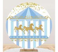 Aoihrraan 220cm Diamètre Toile Fond Ronde Dessin Animé pour Photographie Bleu et Blanc Rayé Paillettes Dorées Fond Carrousel Enfants Anniversaire Gâteau Fête Baby Shower Accessoires Photos