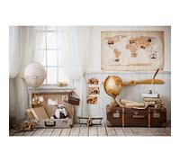 Aoihrraan 3x2,5m Intérieur Carte du Monde Toile de Fond Blanc Rideau Vintage Valise Rayures Plancher en Bois Scène Photographie Fond Voyage Thème Fête Enfants Adultes Mariage Portrait Photo Props
