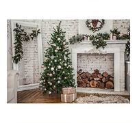 Aoihrraan 3x2,5m Noël Chambre Photographie Toile de Fond Arbre de Noël Cadeau Vintage Cheminée Bois Blanc Brique Mur Fond Hiver Vacances Nouvelle Année Famille Fête Portrait Photo Studio Accessoires