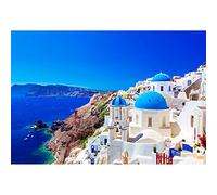 Aoihrraan 3x2,5m Santorin Paysage Toile de Fond Grèce Bleu Océan Ciel Oia Village Côtier Paysage Photographie Fond Enfants Adulte Vacances Portrait Amant Mariage Parti Photo Studio Accessoires
