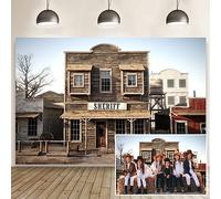 Aoihrraan 3x2m Sauvage Ouest Toile De Fond Vintage Rural Bois Maison Sheriff Baril Pays Style Photographie Fond pour Anniversaire Fête Décoration Bébé Shower Western Cowboy Portrait Photo Props