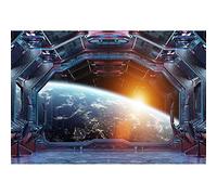 Aoihrraan 3x2m Vaisseau Spatial Fenêtre Vue Toile De Fond Extérieur Espace Vaisseau Spatial Cabine Univers Exploration Lune Surface Photographie Fond pour Garçons Anniversaire Fête Photo Prop