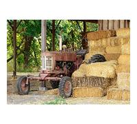 Aoihrraan 3x2m Vintage Tracteurs Toile de Fond Campagne Ferme Grange Meules de Foin Balles de Foin Scène Rurale Photographie Fond Cowboys Fête Enfants Adultes Mariage Portrait Photo Props