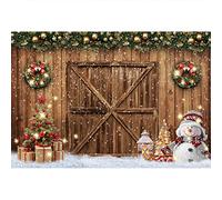 Aoihrraan 4,5x3m Noël Bois Grange Photographie Toile de Fond Porte en Bois Rustique Bonhomme de Neige Arbre de Noël Lanterne Neige Vue Fond Nouvel an Festival Fête de Famille Accessoires Photo