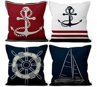 Aoihrraan 40x40cm Lot de 4 Housse de Coussin Voilier Gouvernail Ancre Bleu Marine Doux Court Peluche Carré Taie d'oreiller Décor Maison pour Chambre Salon Canapé Balcon Terrasse Patio Jardin Chaise