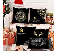 Aoihrraan 40x40cm Lot de 4 Joyeux noël Housse de Coussin Noël Balle Or Cerf Étoile Doux Court Peluche Carré Taie d'oreiller Heureux Fête du Nouvel an Salon Canapé Extérieur Chaise Cadeau, Noire