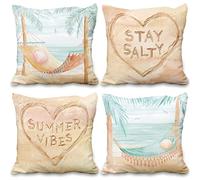 Aoihrraan 40x40cm Lot de 4 Plage Housse De Coussin Bord De Mer Été Vacances Hamac Doux Court Peluche Carré Taie d'oreiller Decoration pour Salon Sofa Océan Extérieur Jardin Canapé Chaise Plage