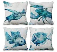 Aoihrraan 41x41cm Lot de 4 Animaux De L'Océan Housse De Coussin Bleu Mer Tortue Crevette Poisson Lin De Coussincarré Taie d'oreiller pour Vacances Été Salon Chambre À Coucher Extérieur Canapé