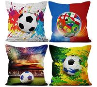 Aoihrraan 41x41cm Lot de 4 Arc en Ciel Football Housse De Coussin Football Bleu Ciel Vert Herbe Football Champ Lin De Coussincarré Taie d'oreiller Football Match Garçon Sofa Chambre Extérieur Canapé