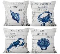 Aoihrraan 41x41cm Lot de 4 Blanc Océan Thème Housse De Coussin Bleu Crabe Crevette Conque Coquilles Mer Lin De Coussincarré Taie d'oreiller Décoration pour Chambre Intérieur Extérieur Sofa Canapé