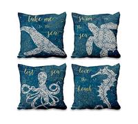 Aoihrraan 41x41cm Lot de 4 Bleu Nautique Océan Housse De Coussin Marin Animaux Hippocampe Mer Tortue Vie Lin De Coussincarré Taie d'oreiller Décoration pour Emmène Moi en Mer Literie Salon Canapé