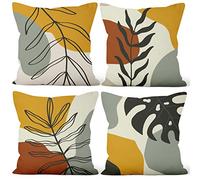 Aoihrraan 41x41cm Lot de 4 Bohème Housse De Coussin Palmier Feuille Minimaliste Rustique Bohémien Résumé Milieu Siècle Lin De Coussincarré Taie d'oreiller Ferme Sofa Salon Extérieur Jardin Canapé
