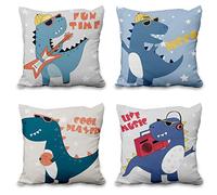 Aoihrraan 41x41cm Lot de 4 Dinosaure Bleu Housse De Coussin Dessin Animé Jungle Safari Animaux Lin De Coussincarré Taie d'oreiller Maison Décoration pour Enfants Garçon Lit Salon Musique Fête Décor