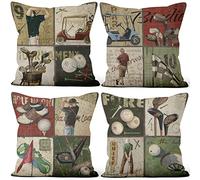 Aoihrraan 41x41cm Lot de 4 Golf Rétro Housse de Coussin Terrain De Golf Style Lin De Coussincarré Noire Taie d'oreiller Decoration pour Canapé Maison Salon Chambre Canapé Lit Décoration D'Intérieur