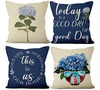 Aoihrraan 41x41cm Lot De 4 Housse De Coussin Aquarelle Bleu Fleurs Naturel Modèle Lin De Coussincarré Taie d'oreiller Décorer Canapé Maison Décor Housse Coussin Salon De Jardin Exterieur Salon