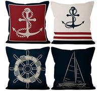 Aoihrraan 41x41cm Lot De 4 Housse De Coussin Bateau Ancre Gouvernail Voilier Bleu Lin De Coussincarré Taie d'oreiller Décorer Canapé Maison Décor Housse Coussin Salon De Jardin Exterieur Chambre
