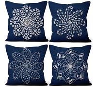 Aoihrraan 41x41cm Lot de 4 Housse de Coussin Blanc Bohémien Mandala Fleur Bleu Foncé Lin De Coussincarré Taie d'oreiller Été Decoration Maison pour Chambre Salon Canapé Extérieur Jardin Chaise