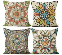Aoihrraan 41x41cm Lot de 4 Housse de Coussin Coloré Bohémien Mandala Fleur Lin De Coussincarré Taie d'oreiller Été Decoration Maison pour Chambre Lit Salon Extérieur Canapé Patio Jardin Voiture