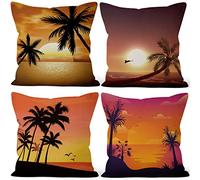 Aoihrraan 41x41cm Lot De 4 Housse De Coussin Coucher Soleil Tropical Plage Palmier Lin De Coussincarré Taie d'oreiller Décorer Canapé Maison Décor Housse Coussin Salon De Jardin Exterieur Salon