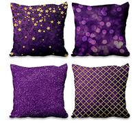 Aoihrraan 41x41cm Lot de 4 Housse de Coussin Doré Étoiles Violet Moderne Lin De Coussincarré Taie d'oreiller Été Decoration Maison pour Chambre Lit Salon Extérieur Canapé Patio Jardin Voiture