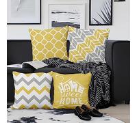 Aoihrraan 41x41cm Lot De 4 Housse De Coussin Douce Maison Jaune Blanche Rayé Motif Géométrique Lin De Coussincarré Taie d'oreiller Décorer Canapé Housse Coussin Salon De Jardin Exterieur Décor