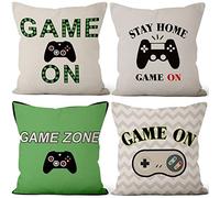 Aoihrraan 41x41cm Lot De 4 Housse De Coussin Jeu Moderne Manette De Jeu Vert Lin De Coussincarré Taie d'oreiller Decoration Canapé Garçon Joueur Enfant Chambre Salle Canapé Jeu Fête Noël Cadeaux