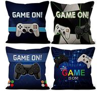 Aoihrraan 41x41cm Lot De 4 Housse De Coussin Joueur Slogans Manette De Jeu Bleu Lin De Coussincarré Taie d'oreiller Decoration Canapé Garçon Salle Jeux Canapé Jeu Joueur Chambre Cadeaux Noël