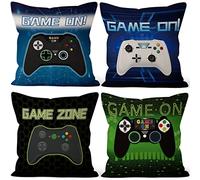 Aoihrraan 41x41cm Lot De 4 Housse De Coussin Joueur Slogans Manette De Jeu Lin De Coussincarré Taie d'oreiller Decoration Canapé Maison Décor Jeu sur Fête Maison Garçon Chambre Canapé Noël Cadeaux