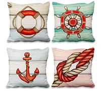 Aoihrraan 41x41cm Lot de 4 Housse de Coussin Nautique Barre Ancre Corde Bouée De Sauvetage Blanc Lin De Coussincarré Taie d'oreiller Été Decoration pour Salon Litroom Canapé Extérieur Jardin Chaise