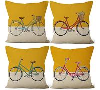 Aoihrraan 41x41cm Lot De 4 Housse De Coussin Retro Bicyclette Jaune Beige Facile Lin De Coussincarré Taie d'oreiller Decoration Canapé Maison Décor Jardin Canapé Chambre Voiture Cadeaux d'halloween