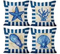 Aoihrraan 41x41cm Lot de 4 Mer Thème Housse De Coussin Bleu Étoile De Mer Conque Coquilles Corail Lin De Coussincarré Taie d'oreiller Maison Décoration pour Chambre Salon Extérieur Jardin Sofa
