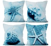 Aoihrraan 41x41cm Lot de 4 Mer Thème Housse De Coussin Étoile De Mer Conque Coquilles Voile Océan Imprimer Lin De Coussincarré Taie d'oreiller Décoration pour Chambre Intérieur Extérieur Sofa Canapé