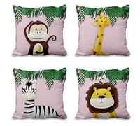 Aoihrraan 41x41cm Lot de 4 Mignonne Dessin Animé Animal Housse de Coussin Forêt Singe Girafe Floral Plante Lin De Coussincarré Rose Clair Taie d'oreiller Decoration Enfant Fête Sofa Chambre Canapé