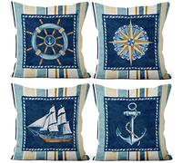 Aoihrraan 41x41cm Lot de 4 Nautique Voile Housse De Coussin Ancre Marin Gouvernail Boussole Voilier Bateau Imprimer Lin De Coussincarré Taie d'oreiller pour Chambre Salon Extérieur Jardin Sofa